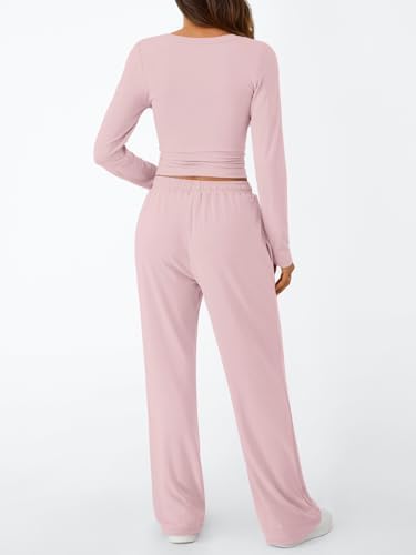 Trendy Queen Women's 2 Piece Matching Lounge Set Long Sleeve Slightly Crop Top Wide Leg Pants Casual Sweatsuit