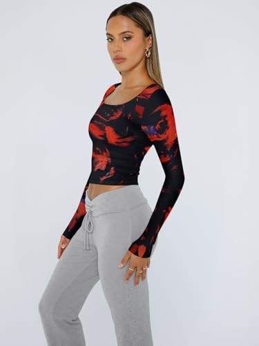 Trendy Queen Womens Long Sleeve Shirts Crop Tops Fall Fashion 2025 Square Neck Going Out Basics Tees Y2k Clothes
