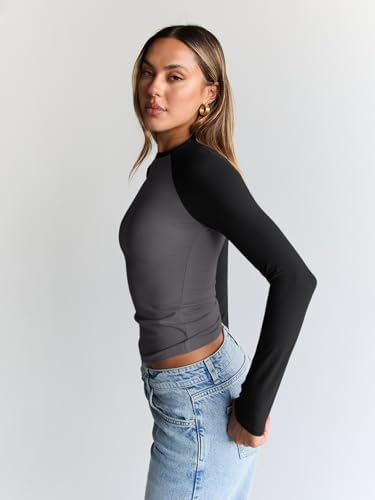 Trendy Queen Women's Long Sleeve Shirts Slim Fit Stretchy Color Block Slightly Cropped Tops