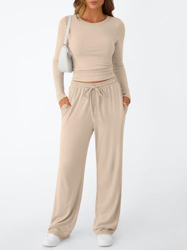 Trendy Queen Women's 2 Piece Matching Lounge Set Long Sleeve Slightly Crop Top Wide Leg Pants Casual Sweatsuit