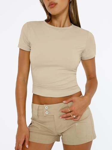 Trendy Queen Womens Short Sleeve T Shirts Summer Crop Tops Basic Slim Fit Gym Workout Y2k Clothes