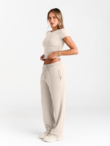 Trendy Queen 2 Piece Matching Summer Sweatsuit Lounge Set Womens Wide Leg Pants Side Ruching Crop Top Sets