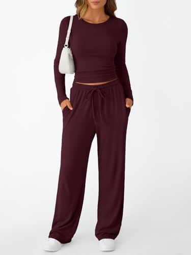 Trendy Queen Women's 2 Piece Matching Lounge Set Long Sleeve Slightly Crop Top Wide Leg Pants Casual Sweatsuit