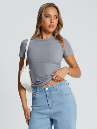 Trendy Queen Womens Basic T Shirts Summer Tops 2025 Crop Short Sleeve Slim Fit Tee Cute Gym Workout Clothes