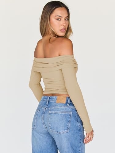 Trendy Queen Women Long Sleeve Shirts Off Shoulder Tops Going Out Crop Sexy Slim Fitted Y2K Fall Outfits 2025 Fashion Clothes