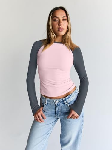 Trendy Queen Women's Long Sleeve Shirts Slim Fit Stretchy Color Block Slightly Cropped Tops