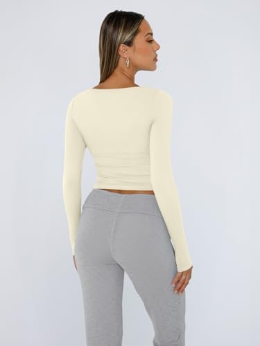 Trendy Queen Womens Long Sleeve Shirts Crop Tops Fall Fashion 2025 Square Neck Going Out Basics Tees Y2k Clothes