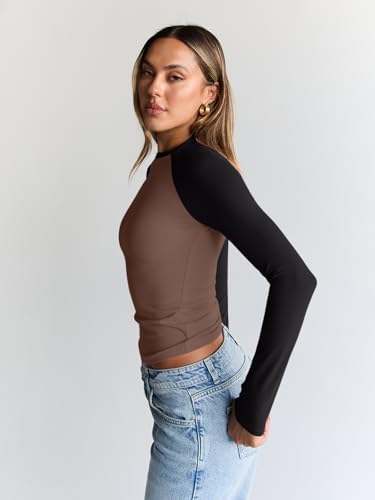 Trendy Queen Women's Long Sleeve Shirts Slim Fit Stretchy Color Block Slightly Cropped Tops