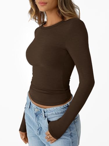 Trendy Queen Womens Long Sleeve T-Shirts Basic Crop Tops 2025 Fall Fashion Outfits Going Out Winter Clothes