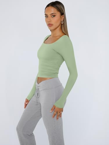 Trendy Queen Womens Long Sleeve Shirts Crop Tops Fall Fashion 2025 Square Neck Going Out Basics Tees Y2k Clothes
