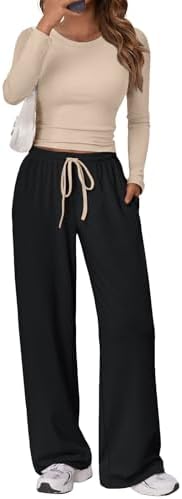 Trendy Queen Women's 2 Piece Matching Lounge Set Long Sleeve Slightly Crop Top Wide Leg Pants Casual Sweatsuit