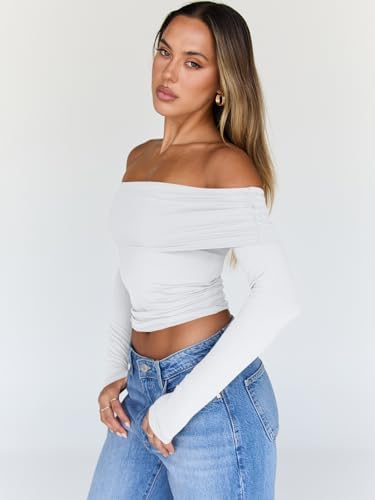 Trendy Queen Women Long Sleeve Shirts Off Shoulder Tops Going Out Crop Sexy Slim Fitted Y2K Fall Outfits 2025 Fashion Clothes