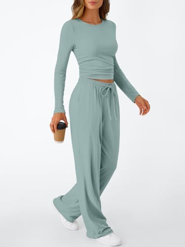 Trendy Queen Women's 2 Piece Matching Lounge Set Long Sleeve Slightly Crop Top Wide Leg Pants Casual Sweatsuit