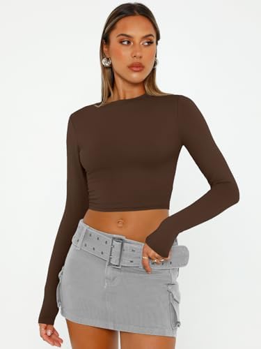 Trendy Queen Womens Long Sleeve Crop Tops Basic Slim Fitted Shirts Fashion 2025 Going Out Y2k Tops Teen Girl Clothes