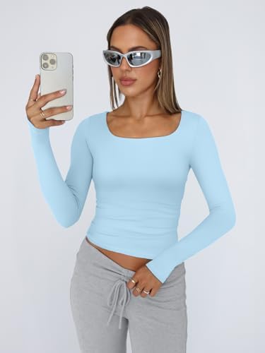 Trendy Queen Womens Long Sleeve Shirts Crop Tops Fall Fashion 2025 Square Neck Going Out Basics Tees Y2k Clothes