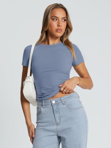 Trendy Queen Womens Basic T Shirts Summer Tops 2025 Crop Short Sleeve Slim Fit Tee Cute Gym Workout Clothes