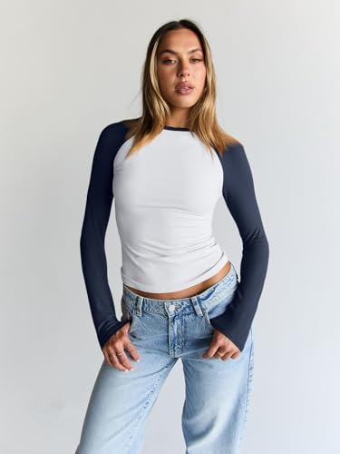 Trendy Queen Women's Long Sleeve Shirts Slim Fit Stretchy Color Block Slightly Cropped Tops