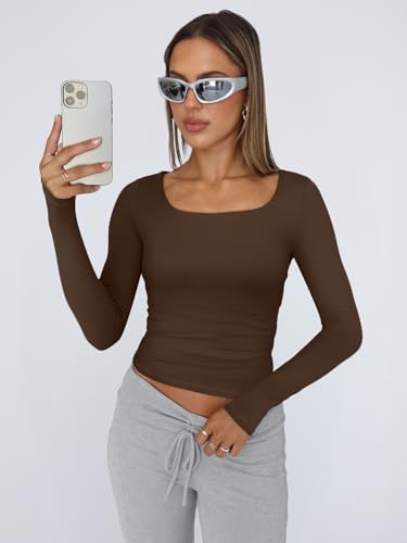 Trendy Queen Womens Long Sleeve Shirts Crop Tops Fall Fashion 2025 Square Neck Going Out Basics Tees Y2k Clothes