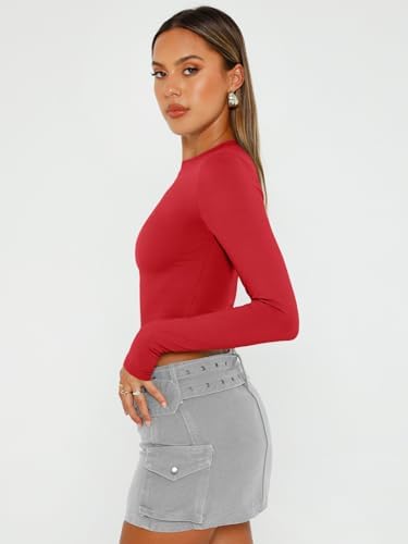 Trendy Queen Womens Long Sleeve Crop Tops Basic Slim Fitted Shirts Fashion 2025 Going Out Y2k Tops Teen Girl Clothes