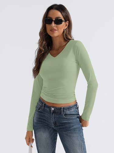 Trendy Queen Long Sleeve Shirts for Women 2025 Fall Fashion V Neck Basics Crop Tops Slim Fitted Y2K Tops Outfits Clothes