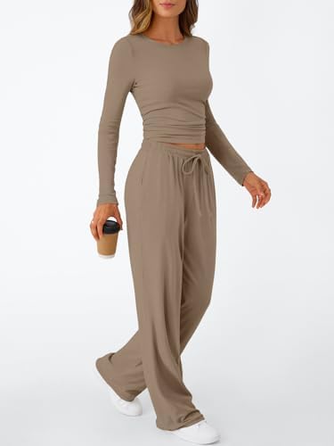 Trendy Queen Women's 2 Piece Matching Lounge Set Long Sleeve Slightly Crop Top Wide Leg Pants Casual Sweatsuit