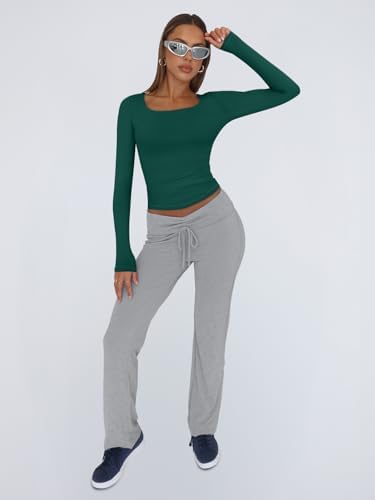 Trendy Queen Womens Long Sleeve Shirts Crop Tops Fall Fashion 2025 Square Neck Going Out Basics Tees Y2k Clothes