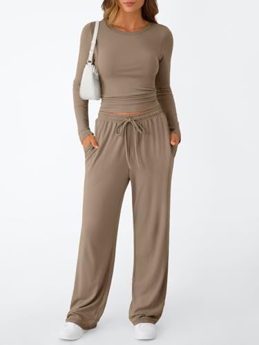 Trendy Queen Women's 2 Piece Matching Lounge Set Long Sleeve Slightly Crop Top Wide Leg Pants Casual Sweatsuit