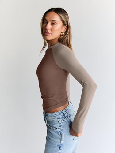 Trendy Queen Women's Long Sleeve Shirts Slim Fit Stretchy Color Block Slightly Cropped Tops