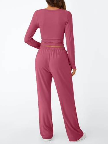 Trendy Queen Women's 2 Piece Matching Lounge Set Long Sleeve Slightly Crop Top Wide Leg Pants Casual Sweatsuit