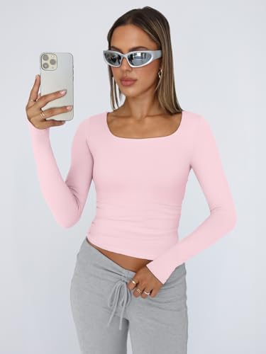 Trendy Queen Womens Long Sleeve Shirts Crop Tops Fall Fashion 2025 Square Neck Going Out Basics Tees Y2k Clothes