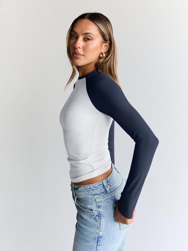 Trendy Queen Women's Long Sleeve Shirts Slim Fit Stretchy Color Block Slightly Cropped Tops