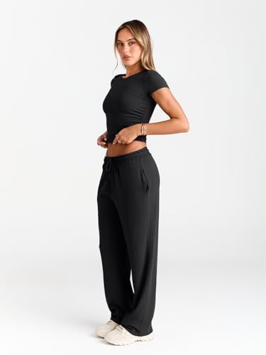 Trendy Queen 2 Piece Matching Summer Sweatsuit Lounge Set Womens Wide Leg Pants Side Ruching Crop Top Sets