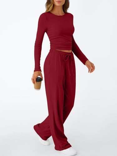 Trendy Queen Women's 2 Piece Matching Lounge Set Long Sleeve Slightly Crop Top Wide Leg Pants Casual Sweatsuit
