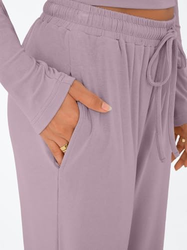 Trendy Queen Women's 2 Piece Matching Lounge Set Long Sleeve Slightly Crop Top Wide Leg Pants Casual Sweatsuit