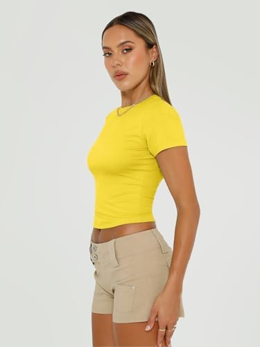 Trendy Queen Womens Short Sleeve T Shirts Summer Crop Tops Basic Slim Fit Gym Workout Y2k Clothes