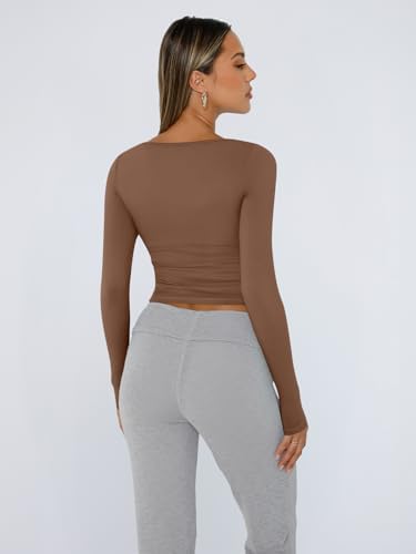 Trendy Queen Womens Long Sleeve Shirts Crop Tops Fall Fashion 2025 Square Neck Going Out Basics Tees Y2k Clothes