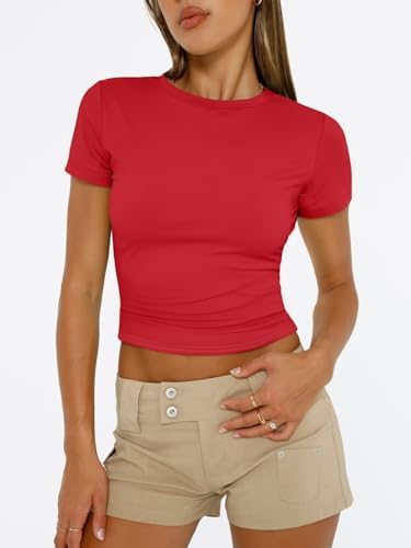 Trendy Queen Womens Short Sleeve T Shirts Summer Crop Tops Basic Slim Fit Gym Workout Y2k Clothes