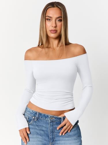 Trendy Queen Womens Long Sleeve Off The Shoulder Tops Going Out Cute Basic Y2K Fall Fashion 2025 Outfits Clothes