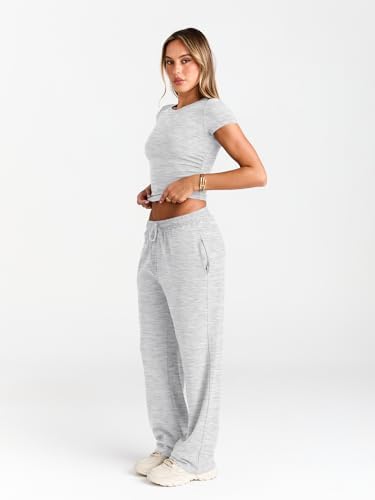 Trendy Queen 2 Piece Matching Summer Sweatsuit Lounge Set Womens Wide Leg Pants Side Ruching Crop Top Sets
