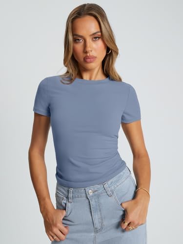 Trendy Queen Womens Basic T Shirts Summer Tops 2025 Crop Short Sleeve Slim Fit Tee Cute Gym Workout Clothes