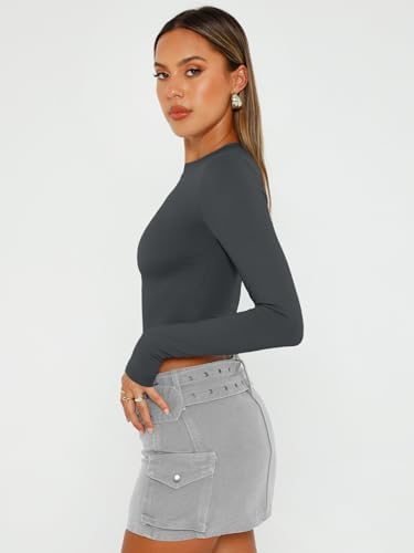 Trendy Queen Womens Long Sleeve Crop Tops Basic Slim Fitted Shirts Fashion 2025 Going Out Y2k Tops Teen Girl Clothes