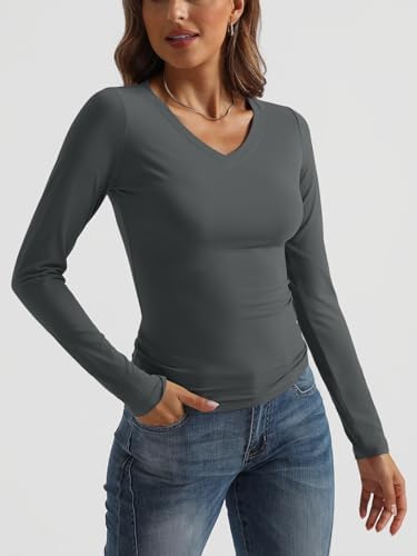 Trendy Queen Long Sleeve Shirts for Women 2025 Fall Fashion V Neck Basics Crop Tops Slim Fitted Y2K Tops Outfits Clothes