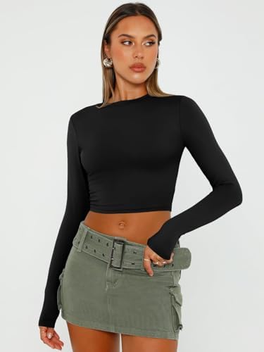 Trendy Queen Womens Long Sleeve Crop Tops Basic Slim Fitted Shirts Fashion 2025 Going Out Y2k Tops Teen Girl Clothes