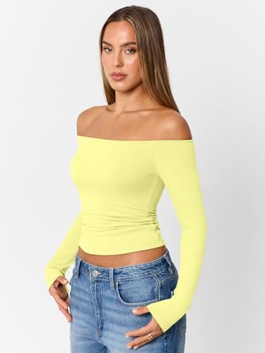 Trendy Queen Womens Long Sleeve Off The Shoulder Tops Going Out Cute Basic Y2K Fall Fashion 2025 Outfits Clothes