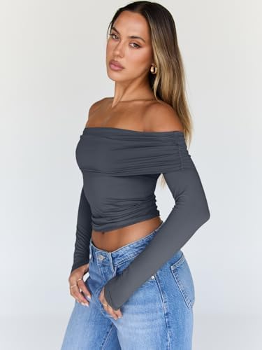 Trendy Queen Women Long Sleeve Shirts Off Shoulder Tops Going Out Crop Sexy Slim Fitted Y2K Fall Outfits 2025 Fashion Clothes