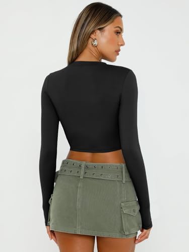 Trendy Queen Womens Long Sleeve Crop Tops Basic Slim Fitted Shirts Fashion 2025 Going Out Y2k Tops Teen Girl Clothes