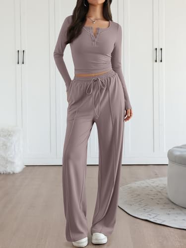 Trendy Queen 2 Piece Matching Lounge Sets for Women Fall Fashion 2025 Two Piece Outfits Henley Crop Tops Wide Leg Pants