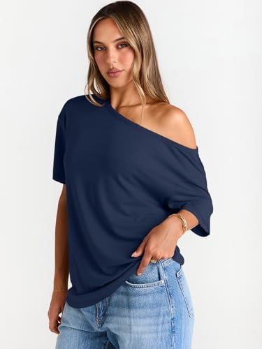 Trendy Queen Womens Off The Shoulder Tops Oversized T-Shirts Short Sleeve Tees Summer 2025 Casual Spring Fashion Clothes