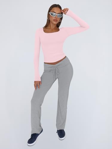Trendy Queen Womens Long Sleeve Shirts Crop Tops Fall Fashion 2025 Square Neck Going Out Basics Tees Y2k Clothes