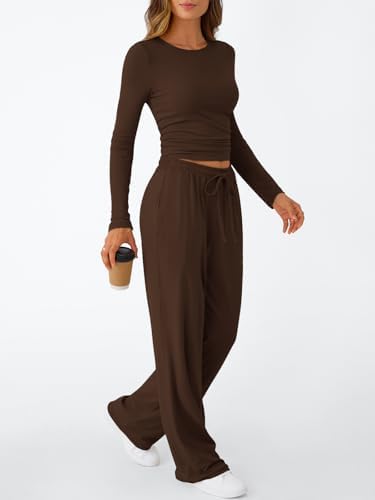 Trendy Queen Women's 2 Piece Matching Lounge Set Long Sleeve Slightly Crop Top Wide Leg Pants Casual Sweatsuit